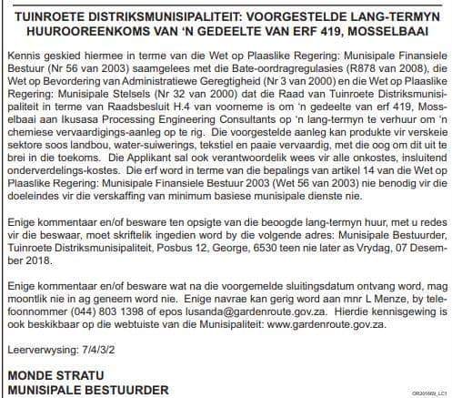 munisipale kennisgewing oor chemiese aanleg